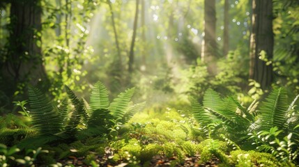 Sunlight streaming through trees on vibrant ferns in forest nature photography tranquil environment