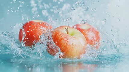 Three apples are being splashed with water The apples appear to be fresh and juicy on light blue.
