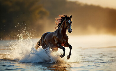 A brown horse is running in the water