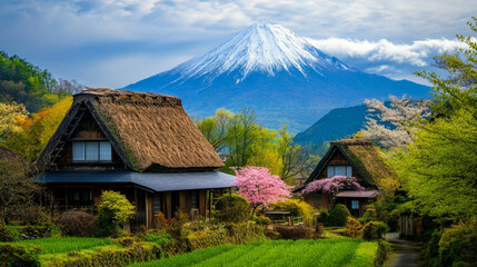 Serene cherry blossom spring mount fuji landscape photography tranquil nature wide angle peaceful scenery