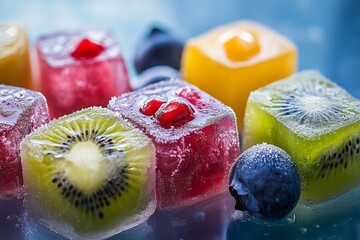 Colorful fruit-flavored ice cubes with vibrant textures and refreshing appeal