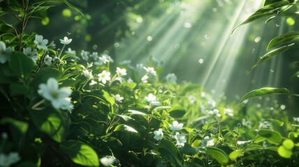 Sunlight filtering through leaves nature garden closeup photography lush environment serene viewpoint realistic concept