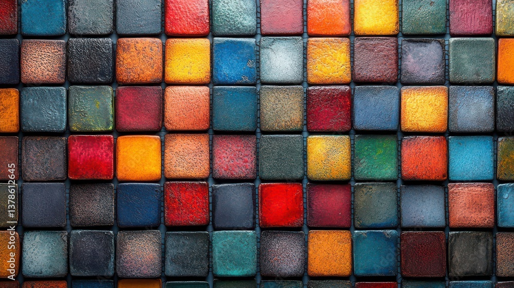 Poster colorful square tiles arranged in a mosaic pattern with textured surfaces