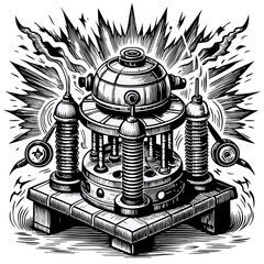 Steampunk Machine with Gears and Tesla Coils in Vintage Illustration Style