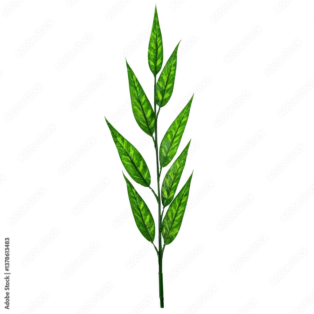 Poster a single green leaf branch with multiple pointed leaves arranged symmetrically, showcasing vibrant a