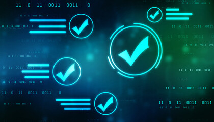 Check Mark on Abstract Blue Backgroud. Quality Control, Guarantee, Checklist, Survey, Compliance Concept, Technology abstract background
