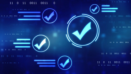 Check Mark on Abstract Blue Backgroud. Quality Control, Guarantee, Checklist, Survey, Compliance Concept, Technology abstract background