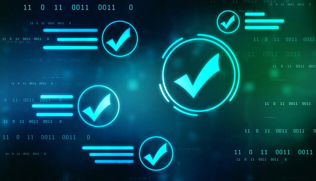 Check Mark on Abstract Blue Backgroud. Quality Control, Guarantee, Checklist, Survey, Compliance Concept, Technology abstract background