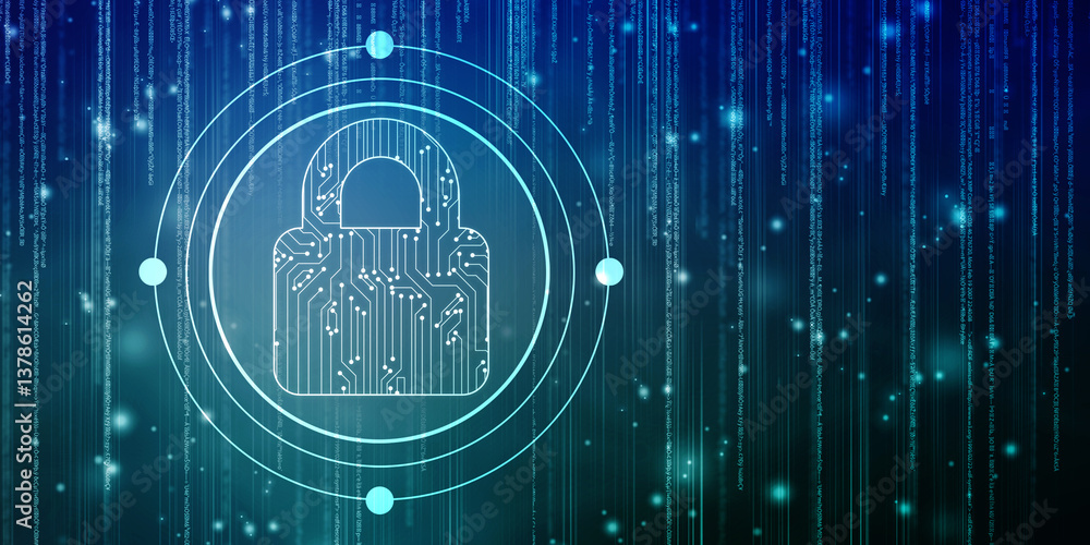 Poster closed padlock on digital screen with flowing binary codes, cyber security and safety information, p