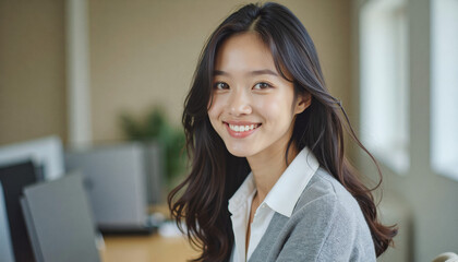A portrait headshot photo of a friendly professional CEO executive business worker: A smiling young East Asian woman with long dark hair, wearing a white collared shirt and gray blazer, looks con