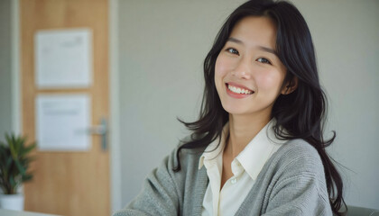 A portrait headshot photo of a friendly professional CEO executive business worker: A smiling Asian woman with long dark hair sits indoors, likely in an office or professional setting, wearing a 