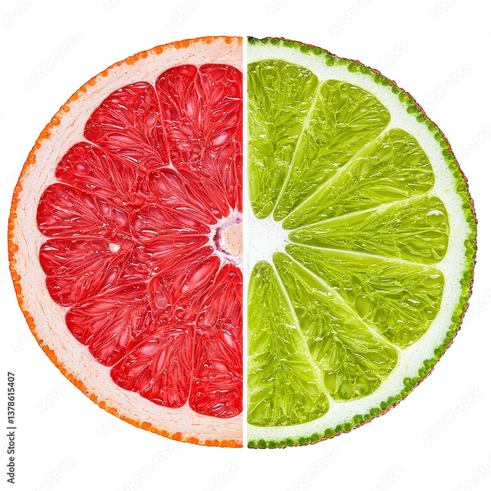 Poster a vibrant image of grapefruit and lime slice combined, showcasing contrasting colors and textures of