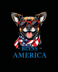 A cheerful Labrador Retriever with refined features, wearing red sunglasses and an American flag scarf, 14th for july celebration. Below, the phrase "BLESS AMERICA". Created with generative AI.	