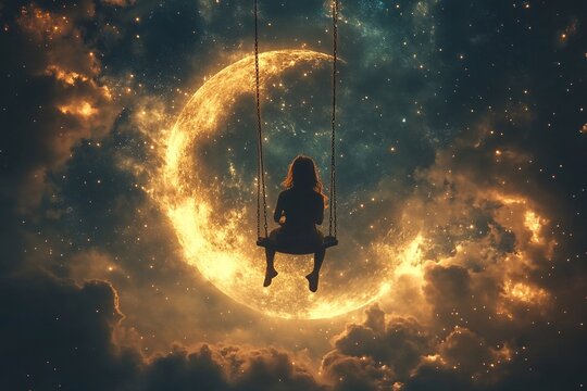 Flying swing in the sky - photo manipulation: a person rides a swing suspended from the moon or a cloud.

