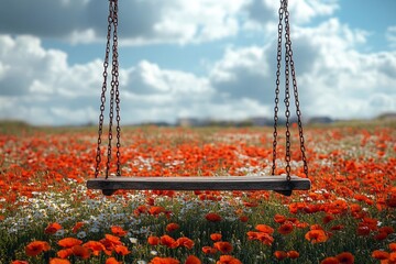 Old swing in a flowering field - a large field with poppies and daisies, a lonely swing against the background of nature.

