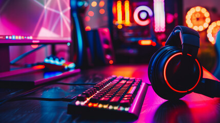 Fototapeta premium Sleek black gaming laptop with RGB backlit keyboard on minimalist dark desk, modern technology for gamers and professionals, high performance computing device for work and entertainment.