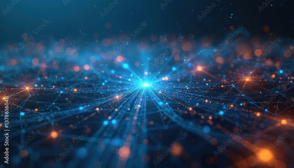 Poster abstract digital matrix featuring glowing blue orange light particles. futuristic network with dynam