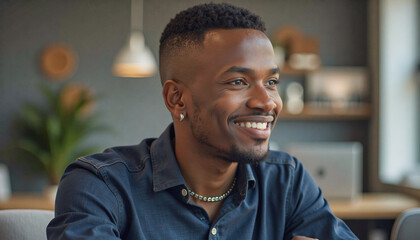 Fototapeta premium A portrait headshot photo of a friendly professional CEO executive business worker: A young Black man with a fade haircut and a neatly trimmed beard smiles warmly while looking thoughtfully off t