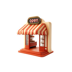 A 3D storefront icon with an open sign isolated on transparent background png