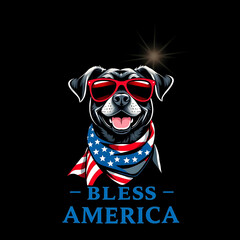 A cheerful Labrador Retriever with refined features, wearing red sunglasses and an American flag scarf, 14th for july celebration. Below, the phrase "BLESS AMERICA". Created with generative AI.	