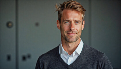 A portrait headshot photo of a friendly professional CEO executive business worker: A handsome man with light hair and blue eyes gazes directly at the viewer with a subtle, confident smile while 