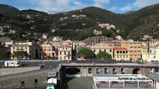 Europe, Italy, Liguria , Bonassola is a  sea village in province of Spezia in Gulf of Tigullio  , Drone  view of seafront with  pedestrian and cycle path through the tunnels from Levanto to Framura 