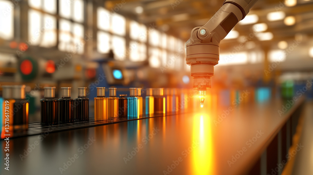 Poster robotic arm dispensing liquid into glass bottles in factory setting, showcasing automation and techn