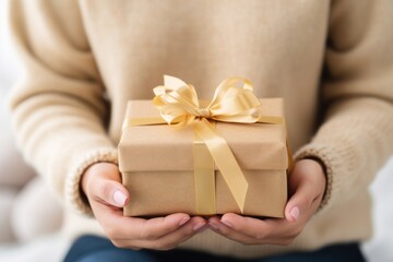Woman's hands wearing a soft wool sweater presenting a festive holiday gift box adorned with a golden ribbon