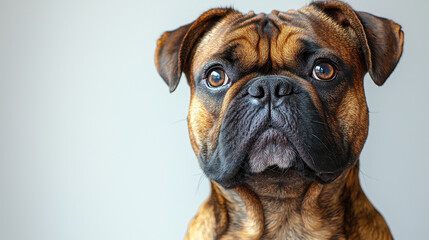 Obraz premium Boxer Dog Portrait: A striking close-up portrait of a handsome Boxer dog, captured with sharp focus, showcasing the breed's distinctive features against a neutral background. 