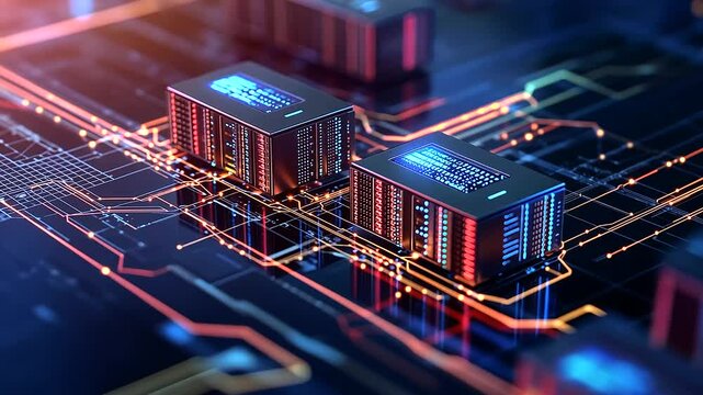 D isometric infographic of two ultra-modern data centers connected by luminous data lines, with animated servers moving along the route, symbolizing seamless cloud computing trans