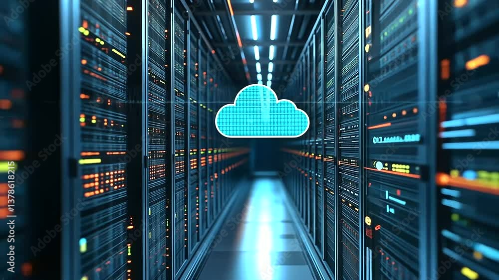 Poster d infographic of a server transferring mid-air through a cloud computing tunnel, with data packets, 
