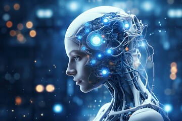 cybernetic humanoid robot with intricate mechanical details and illuminated circuits in a blue-lit futuristic setting with bokeh effect