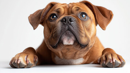 Obraz premium Dog's Gentle Gaze: A charming Bulldog, exudes a warm gaze, set against a simple backdrop, inviting warmth and trust.