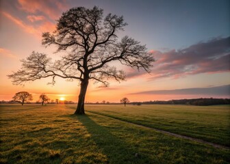 Naklejka premium Lone tree silhouette, elongated shadow, miniature sunset landscape; tilt-shift artistry.