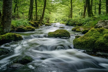 Fototapeta premium A flowing river winding through a lush green forest landscape scene