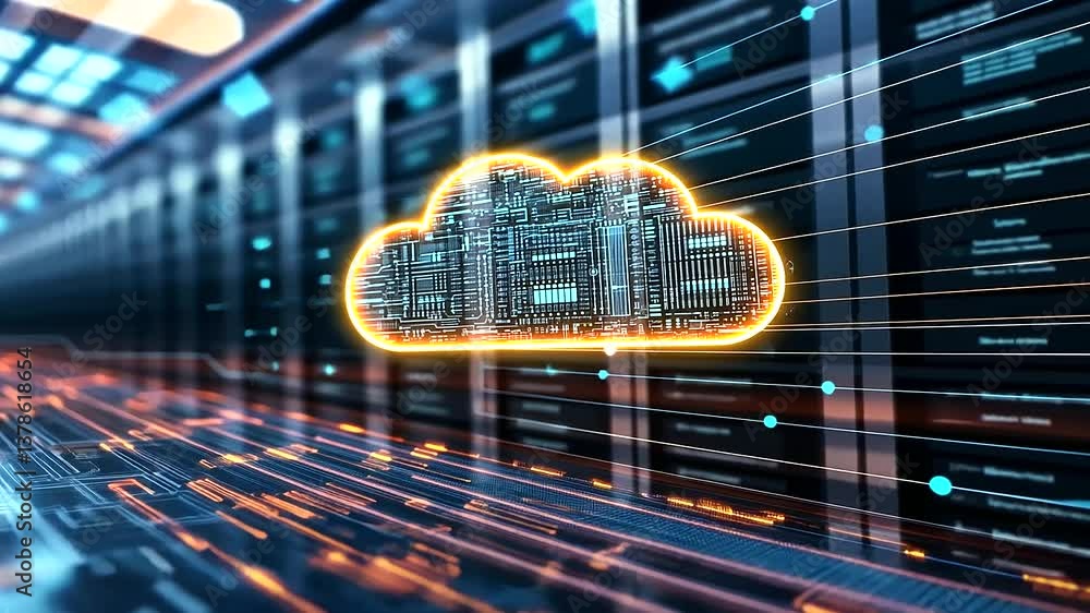 Poster d infographic of a server transferring mid-air through a cloud computing tunnel, with data packets, 