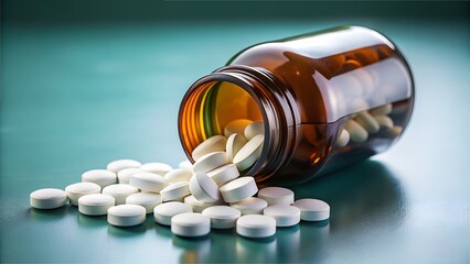 White Pills Spilled from Bottle - Pharmaceutical Medicine, Medication, Prescription Drugs, Healthcare, Capsules, Treatment, Safety, Dosage, Medical, Health