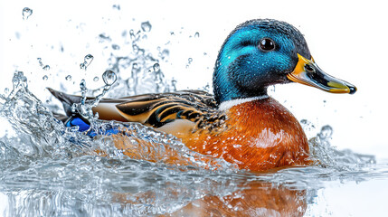 Dazzling Duck in the Splash: Vibrant mallard duck swims through crystal-clear water, showcasing its iridescent feathers and capturing a moment of aquatic beauty.