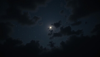 A serene moon peeking through a veil of night clouds, a celestial dance of soft light and shadows.