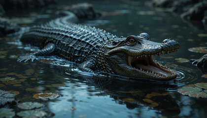 Fototapeta premium A majestic alligator glides through murky swamp waters, its ancient eyes gleaming in the twilight, a prehistoric presence in a serene nocturnal landscape with dark, reflective water and fallen leaves.
