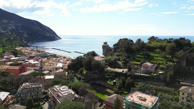Europe, Italy , Liguria drone aerial view of Moneglia little sea village in province of Genoa close to Cinque Terre - Gulf of Tigullio Mediterranean sea landscape 