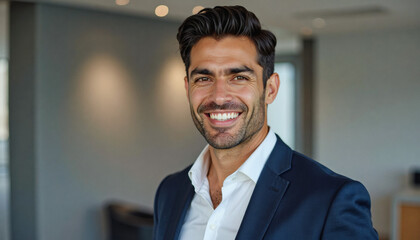A portrait headshot photo of a friendly professional CEO executive business worker: A handsome man in a navy suit smiles confidently at the camera, exuding professionalism and approachability.