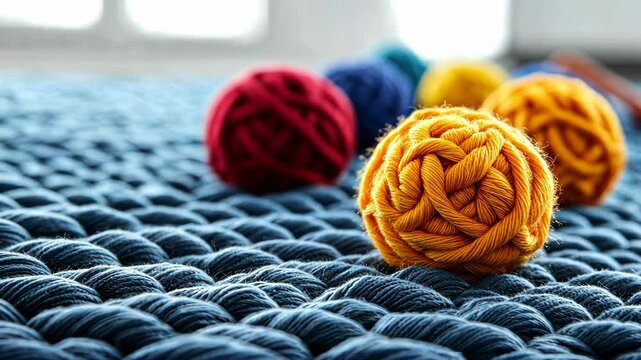 Colorful yarn balls on a textured knitted fabric