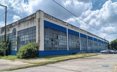 Obraz premium Modern industrial building exterior with blue accents and adjacent greenery