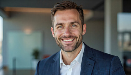 Fototapeta premium A portrait headshot photo of a friendly professional CEO executive business worker: A smiling man in a suit confidently looks at the camera in a modern, well-lit interior space.