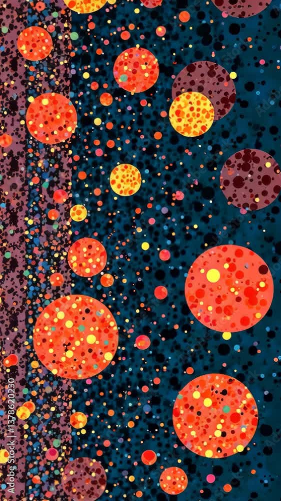 Poster a painting of many small circles of different colors. the circles are mostly blue and red. the circl