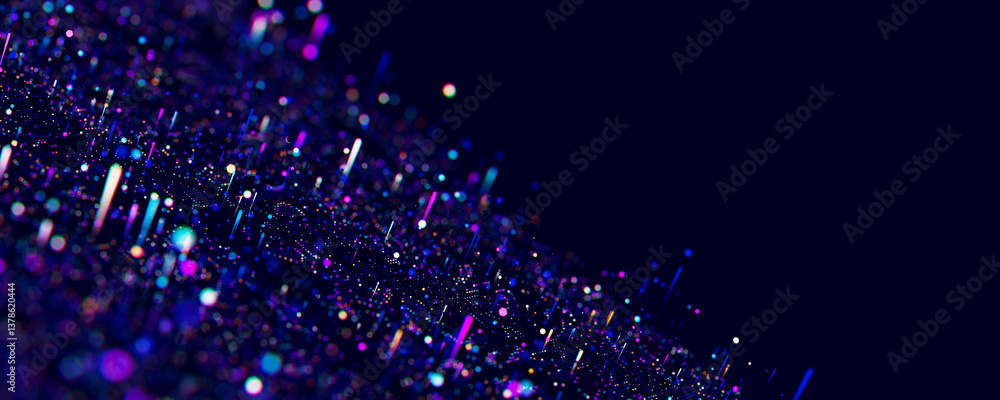 Poster Macro of quantum computing technology. Digital patterns of big data. Microworld of LLM AI learning process. Nano technology presentation. 