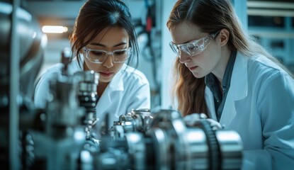 Two women engineers analyzing and assembling machinery in a laboratory setting