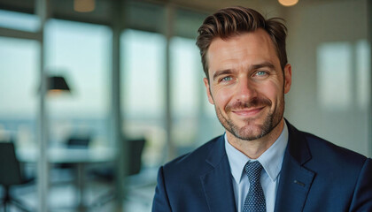 Fototapeta premium A portrait headshot photo of a friendly professional CEO executive business worker: A confident businessman with light skin, blue eyes, and a neatly groomed beard smiles warmly while wearing a na