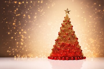 A beautifully decorated Christmas tree with shimmering tinsel and warm golden lights, with a vibrant red backdrop